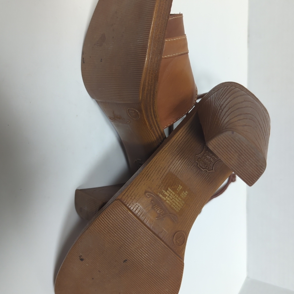 Fioni Woman Sz 7 Leather Ankle Tie Sling Back Block Heels Brown  Classic - Picture 8 of 8